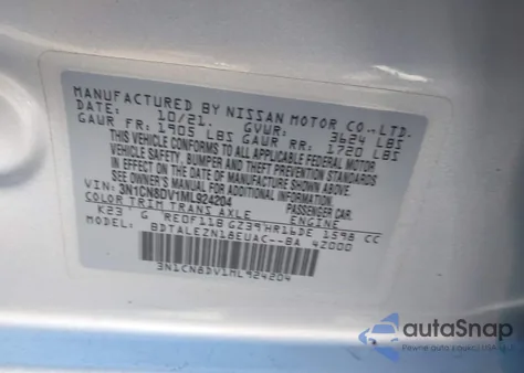 2021 Nissan Versa S Xtronic Cvt z USA, uszkodzony, nr VIN 3N1CN8DV1ML924204